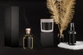 Luxury cosmetics products for home as mock up for design - black aromatic diffuser, candle, spray dispenser, golden accessories.