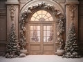 luxury creamy Christmas background with decorations and Christmas garland with golden and white balls on the sides, and white