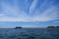 Luxury Cruise by Bridge Under Brilliant Sky Royalty Free Stock Photo