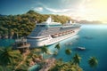 A luxury cruise ocean liner is moored at the pier of a tropical island surrounded with palms trees and beautiful Royalty Free Stock Photo