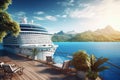 A luxury cruise ocean liner is moored at the pier of a tropical island surrounded with palms trees and beautiful Royalty Free Stock Photo