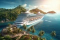 A luxury cruise ocean liner is moored at the pier of a tropical island surrounded with palms trees and beautiful Royalty Free Stock Photo