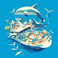 Luxury Cruise Ship with Dolphins Surrounding It