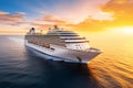 Luxury cruise ship in the ocean sea at sunset. Cruise vacation getaway. Aerial view of cruise ship. Premium liner in Mediterranean Royalty Free Stock Photo