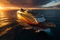 Luxury cruise ship in the ocean sea at sunset. Cruise vacation getaway. Aerial view of cruise ship. Premium liner in Mediterranean Royalty Free Stock Photo