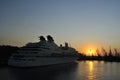 Luxury cruise ship sailing to port on sunrise Royalty Free Stock Photo