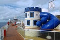 Luxury cruise ship swimming pool deck, sailing on the blue ocean, sailing to the horizon... Royalty Free Stock Photo