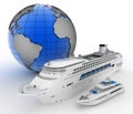 Luxury cruise ship and white yacht on globe background Royalty Free Stock Photo