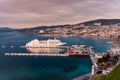 Luxury cruise ship in the Mediterranean harbour during the sunset Royalty Free Stock Photo