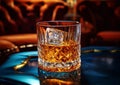 Luxury crystal glass of whiskey with ice on blue table in restaurant lounge.Macro.AI Generative Royalty Free Stock Photo