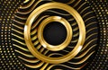 Luxury 3d realistic background with gold circle shape. Vector illustration of black circle shapes textured with golden wavy lines Royalty Free Stock Photo