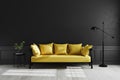 Luxury dark living room interior background, black empty wall mock up, modern living room with yellow sofa and black lamp and Royalty Free Stock Photo