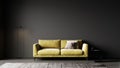 Luxury dark living room interior background, black empty wall mock up, living room mock up, modern living room with yellow sofa Royalty Free Stock Photo