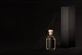 Luxury dark mock up for advertising of cosmetics for home - glass bottle diffuser with perfume and aromatic sticks on black.