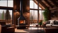 Luxury decorated interior of wooden chalet with big windows and firewood. Chalet interior
