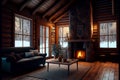 Luxury decorated interior of wooden chalet with big windows and firewood