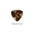 Luxury Decorative metallic gold shield sign illustration. Letter K alphabet logo design template. Initial abjad logo concept