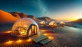 Luxury Desert Glamping in Jordan. Igloo tents in sunset landscape