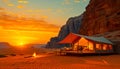 Luxury Desert Glamping in Jordan. Igloo tents in sunset landscape..Warm sunset lighting on a luxury desert dome resort.Igloo