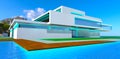 Luxury design of the elite property with pool. Decked area around. Flat roof and large panoramic windows. 3d rendering
