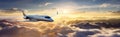 Luxury design private jet flying over the clouds in the sky at sunset. Travel background and wide aerial banner Royalty Free Stock Photo