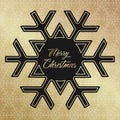 Holiday card with large snowflake and text Merry Christmas on the black background with golden frame.