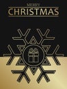 Holiday stylish card with golden large snowflake, present and text Merry Christmas on the black background.