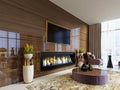 Luxury designer lobby hotel with a fireplace and a TV set built into a glossy wooden wall with a pot on the sides