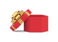 Luxury desired polygonal red gift box with open cap decorated by golden bow ribbon