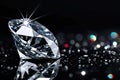 Luxury diamond on black background, shiny brilliant sparkles on dark table, white gemstone with reflections. Concept of jewel,