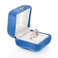 Luxury Diamond Wedding Ring in Blue Velvet Silk Box Royalty Free Stock Photo