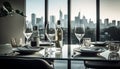 Luxury dining indoors with cityscape view, empty glass and plate generated by AI