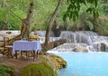 Luxury Dining in nature with turquoise blue waterfall for special occasion, Kuang Si Tat Kuang Xi Falls nearby Luang Prabang, Laos