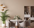 luxury dining room design, bright beige interior apartment with marble dining room table Royalty Free Stock Photo