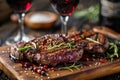 Luxury dinner served on the table with glass of red wine and grilled steak. Generative AI Royalty Free Stock Photo