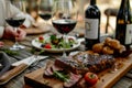 Luxury dinner served on the table with glass of red wine and grilled steak. Generative AI Royalty Free Stock Photo