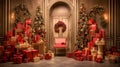 Luxury Doors With Christmas Decor. Colored Presents, Christmas Trees Holly and Garlands. Generative AI