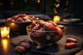 luxury dried date fruit in bowls on a dark surface