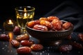 luxury dried date fruit in bowls on a dark surface