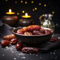 luxury dried date fruit in bowls on a dark surface