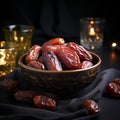 luxury dried date fruit in bowls on a dark surface