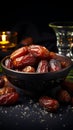 luxury dried date fruit in bowls on a dark surface