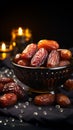 luxury dried date fruit in bowls on a dark surface