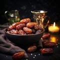 luxury dried date fruit in bowls on a dark surface