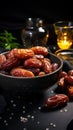 luxury dried date fruit in bowls on a dark surface