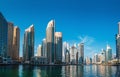 Luxury Dubai Marina canal in Dubai with high buildings at background, United Arab Emirates