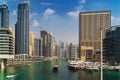 Luxury Dubai Marina canal in summer day with high buildings at background, UAE emirates