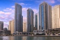 Luxury Dubai Marina skyscrapers panorama on sunset sunrise. Royalty Free Stock Photo