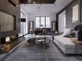 Luxury duplex loft-style apartment, contemporary furniture and brick walls with designer fireplace in the interior, interior