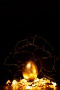 Luxury easter golden egg in gold decorations with lights over dark background, magic of easter Royalty Free Stock Photo
